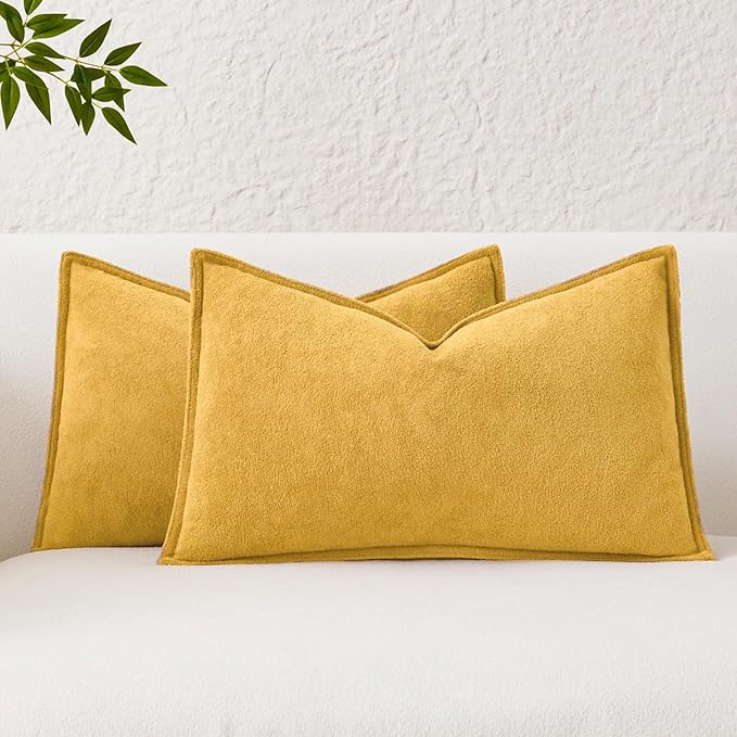 Kevin Textile Waterproof Decorative Pillow Covers Yellow 12x20 Inch Pack of 2 Soft Boucle Textured Lumbars Cushions Elegant Accent Pillows for Couch Sofa Chair Bed Home Decor Indoor Outdoor
