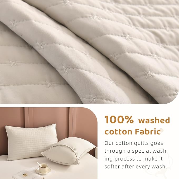 Sanracie Oversized Cal King Bedspread 128"*120" for Extra Bed, 3pcs 100% Cotton Quilt Wheat Colored Ultra Large Wide Oversized King Plus Coverlet Thin Comforter Ultra Soft and Cozy