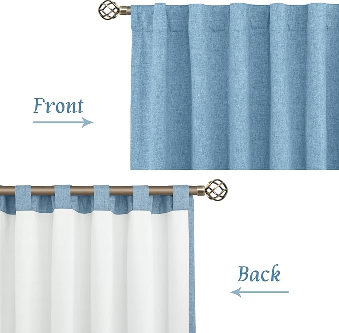 LAMIT Blue 100% Blackout Linen Curtains, 84 Inch Linen Textured Living Room Farmhouse Curtains Room Darkening Back Tab and Rod Pocket Burlap Neutral Panels with White Liner, 2 Panels, 60 x 84 Inch