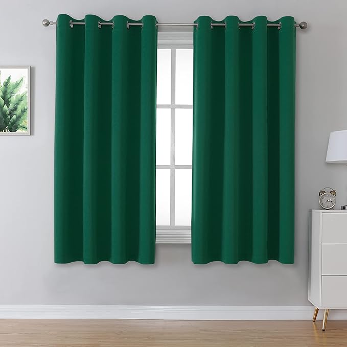 DUALIFE Emerald Green Blackout Curtains with Grommet 45 Inch Length Room Darkening Short Window Curtain Panels for Living Room 52 by 45 Inch 2 Panels Hunter Green