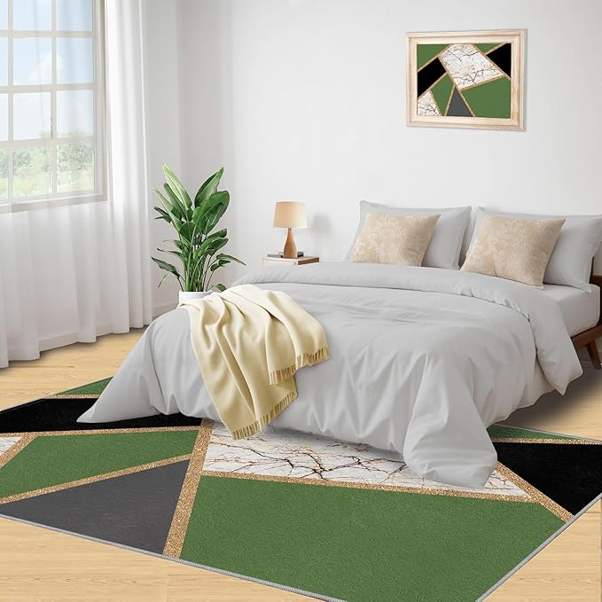 Jadeite Marble Area Rugs 3D Black Gold Marble Rug Light Luxury Geometric Line Carpet Mid-Century Simple Rug Stone Cracks Rugs for Living Room Bedroom 4x5ft