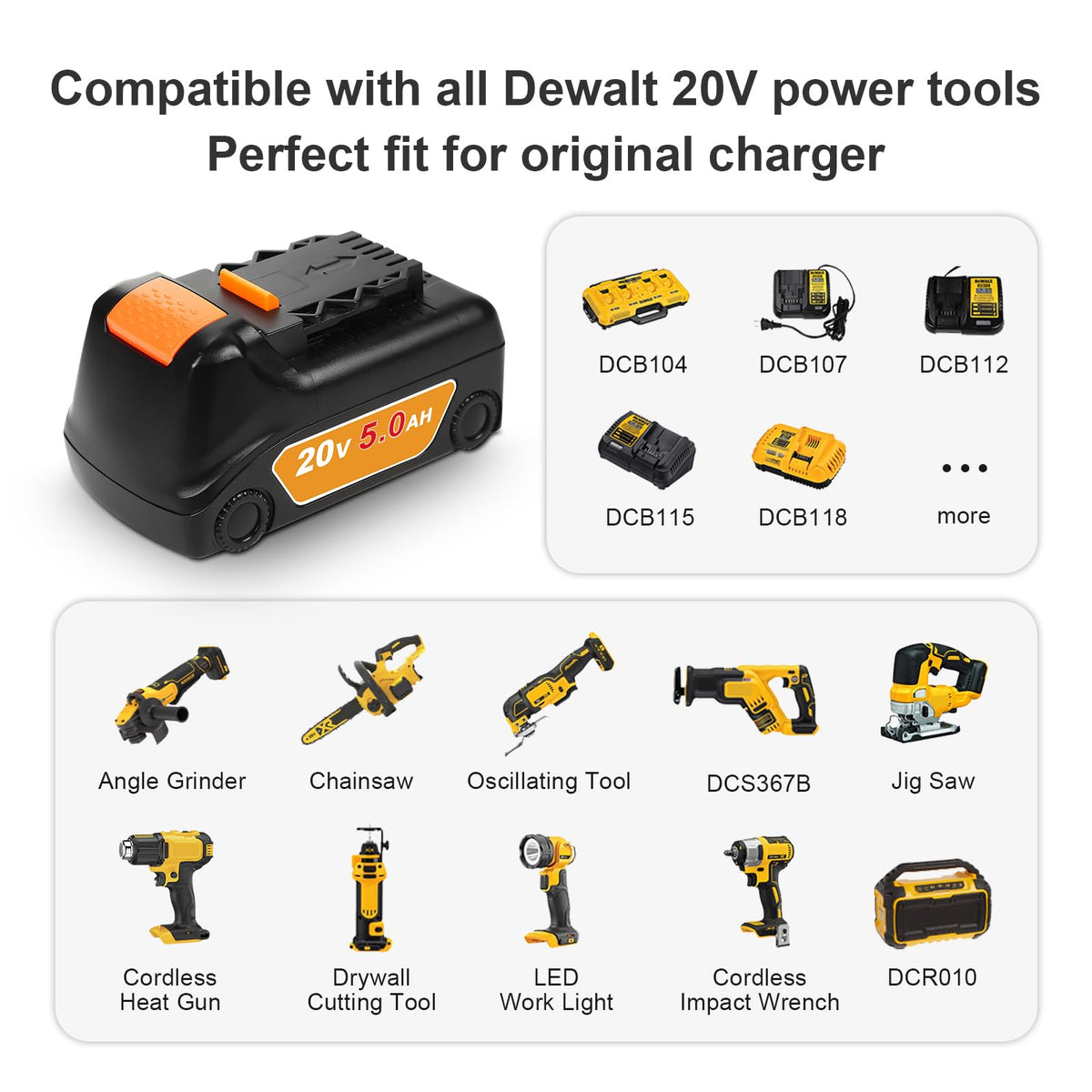 20v Max Battery Replacement for Dewalt Battery 5.0Ah with DCB112 Battery Charger Station for DCB200 DCB120