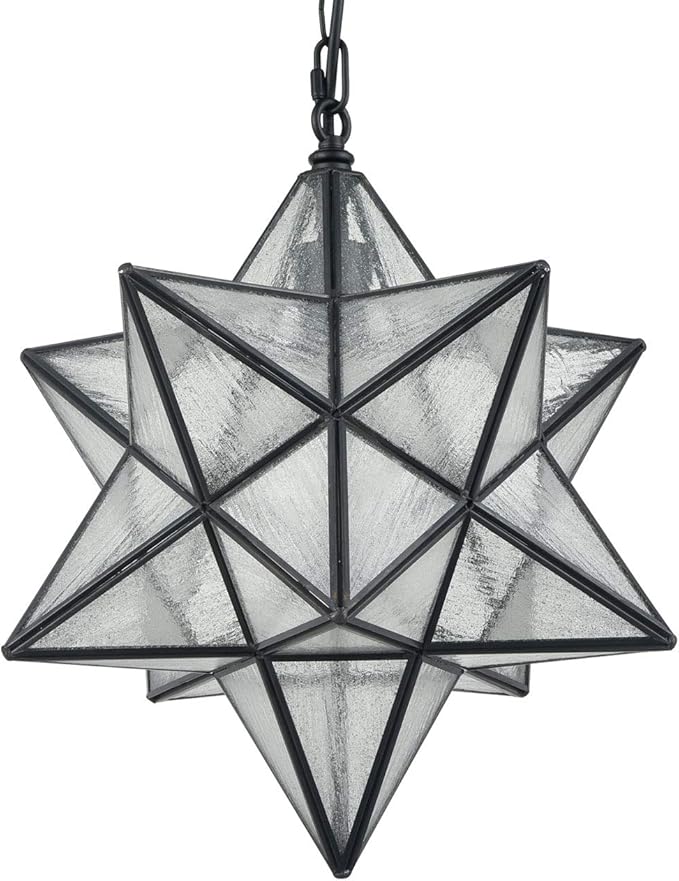Modern Moravian Star Pendant Light Seeded Large Glass Hanging Lights with Adjustable Chain, 16'' Diameter Shade Lighting for Kitchen Porch Dining Foyer Bedroom