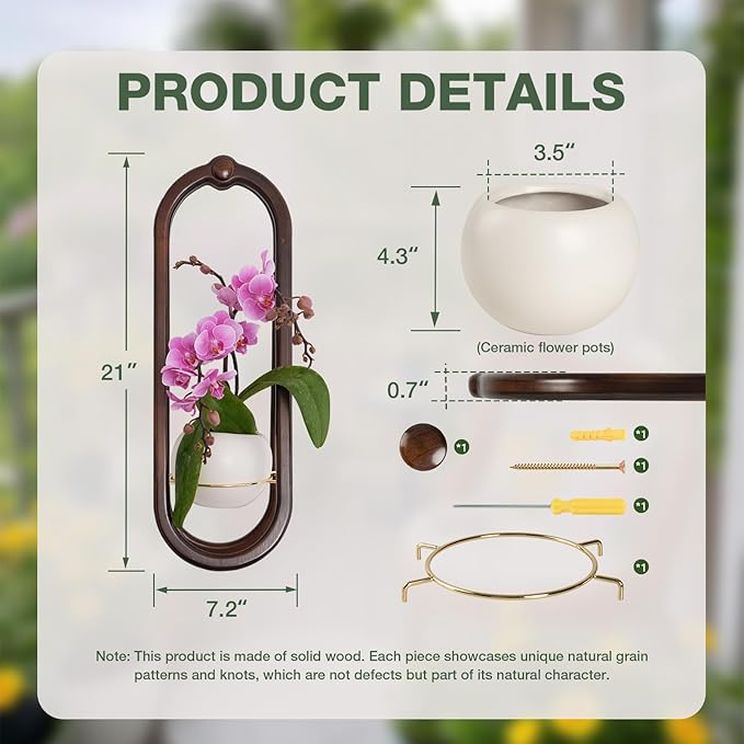 Wooden Wall Planters for Indoor - Modern Hanging Plant Stand Shelf with Ceramic Pot - Walnut Color (Set of 1)
