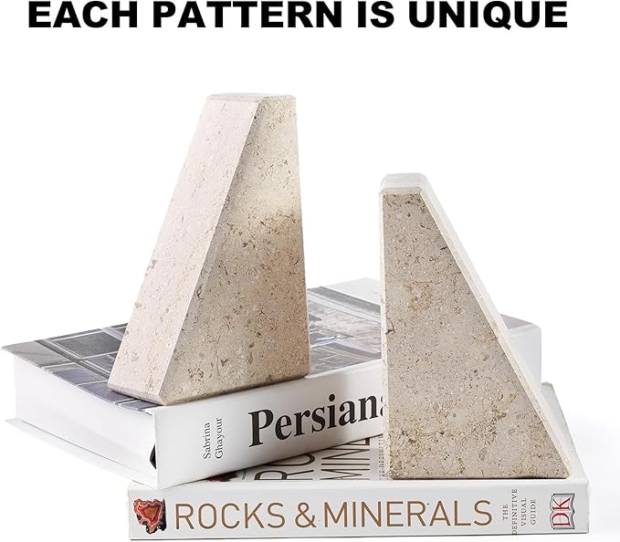 Marble Bookends for Heavy Books, Decorative Book Ends for Shelves, Beige Stone Durable and Heavy-Duty Book Ends for Hardback Books & CDS, Unique Book Stopper & Holder, Set of 2