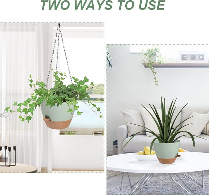 Hanging Planters for Indoor Outdoor Plants, 2 Pack Self Watering Hanging Pot with Drainage Holes & Removable Tray (Green, 6'')