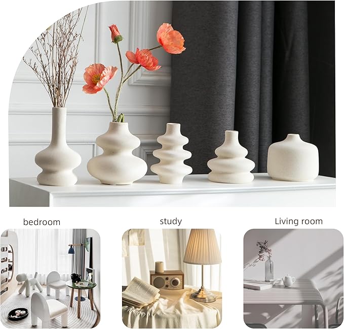 JOJUNO White Bud Vases, Small Ceramic Vase Set of 5, Mini Pottery Vases for Flowers, Decorative Vases for Home Modern Decor, Boho Decor, Chic Vases for Living Room Dining Table Shelves