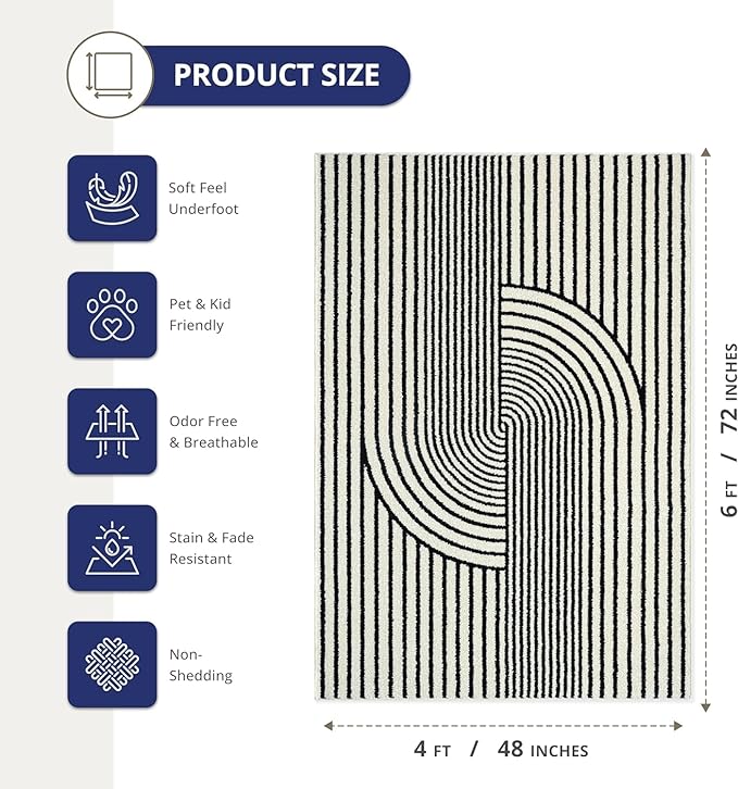 Abani Nuevo Collection Area Rug - Mid-Century Black and White Arch Knot Design - 2' x 3' - for Living Room, Bedroom & Office