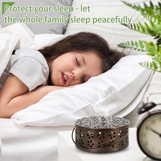 Portable Iron Mosquito Coil Holder with Handle Round Heat-Resistant Incense Holder (2 Pack Bronze)