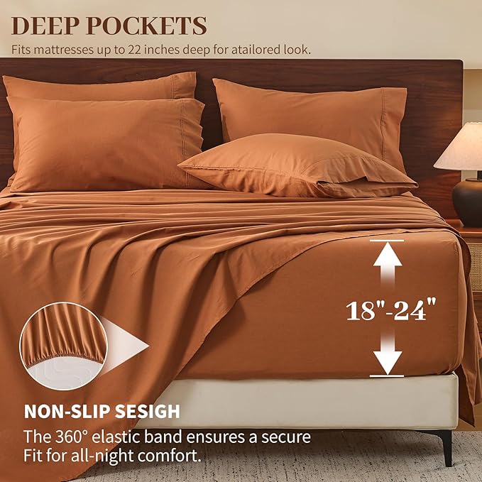 MEISHANG 100% French Pure Linen Sheets Queen Size - 6 PC Extra Deep Pocket Sheet Set, Soft Durable Flax Linen, Anti-Tear Breathable & Oeko-Tex Certified 18-24 Deep Pocket,All Season(Orange)