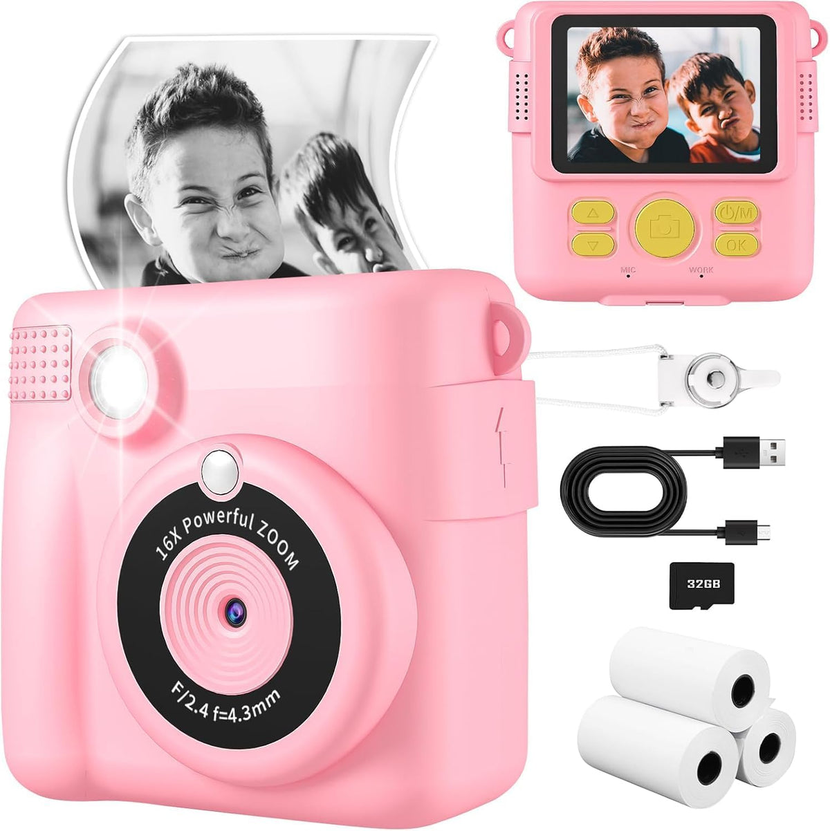 WEEFUN 16X 32G 2.4Screen 4 5 6 7 8 9 10 Kids Camera Instant Print, Safe Toddler Camera, HD Digital Cameras Digital Zoom