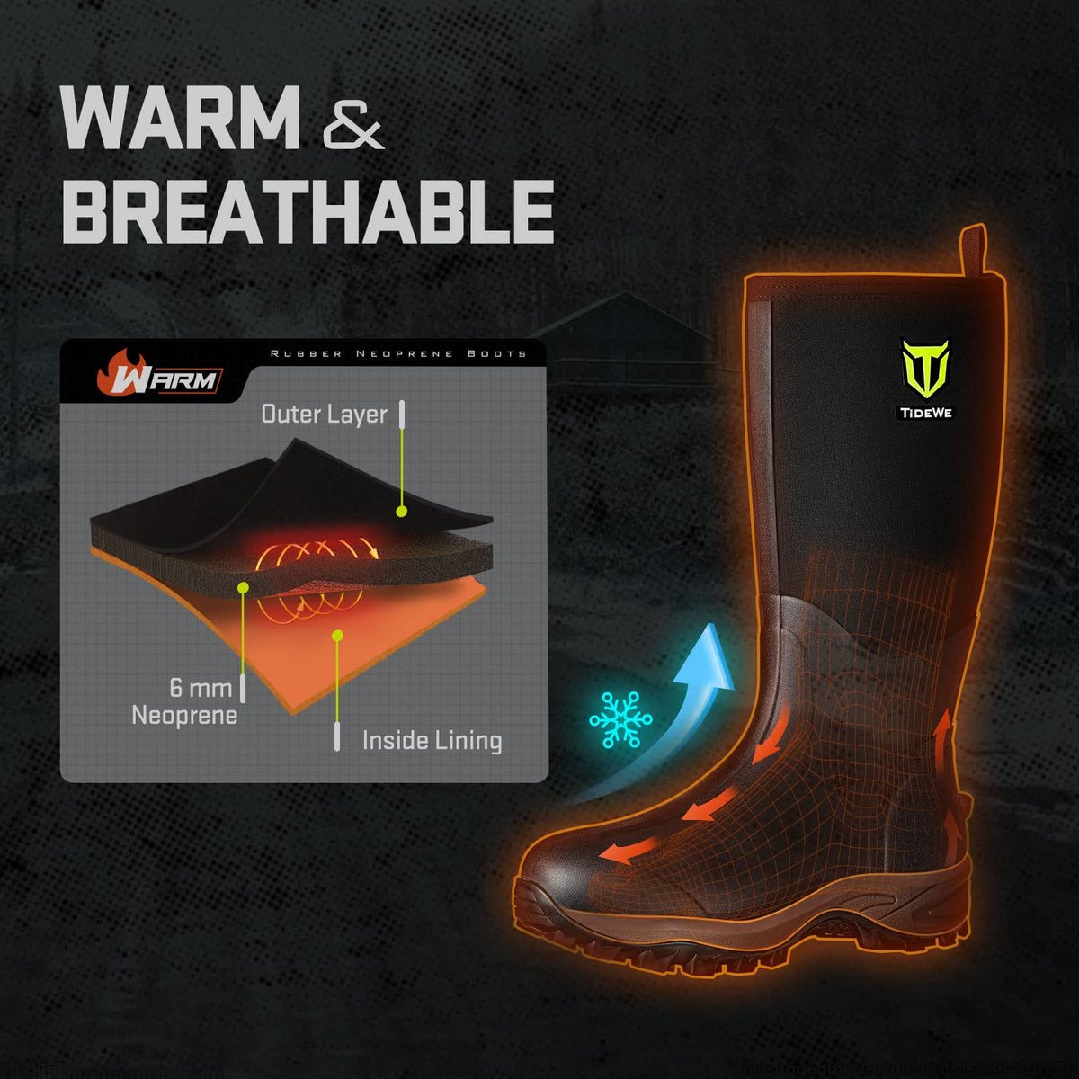 TIDEWE Rubber Neoprene Boots Men And Women, Waterproof Sturdy 6mm Neoprene Boot, Rain Boot Hunting Boot Arctic Outdoor Boot Men Size 6 Black