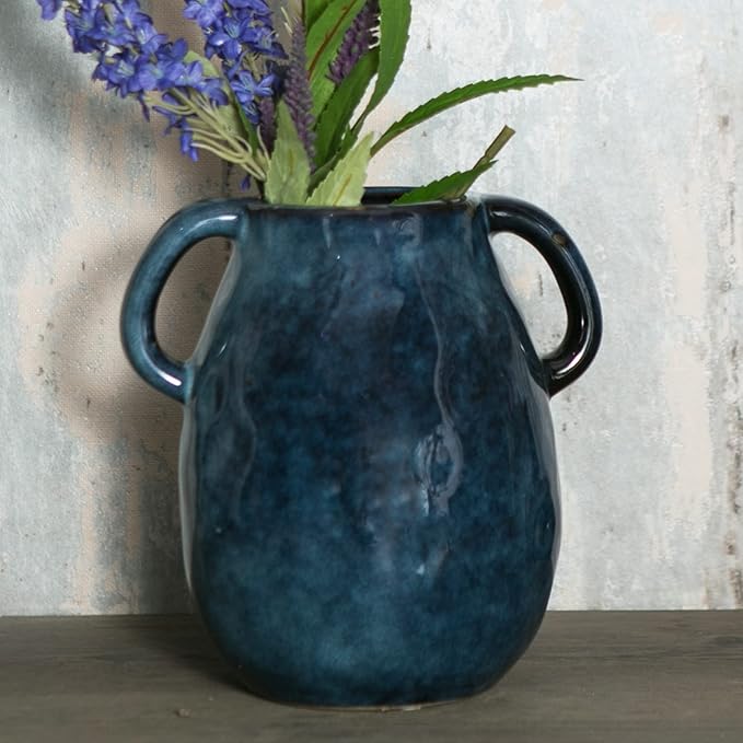 Blue Ceramic Vase with 2 Handles, Modern Farmhouse Decor, Rustic Terracotta Pottery, Decorative Flower Vases, Clay Small Vase, Centerpiece for Dining Table - 7 Inch Tall