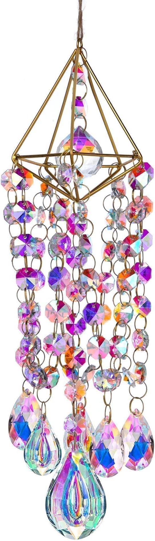 HDCRYSTALGIFTS Crystal Suncatchers for Window Hanging Wind Chime Style Garden Sun Catchers with Crystals Rainbow Maker Indoor Outdoor Decor Handmade Gold Plated