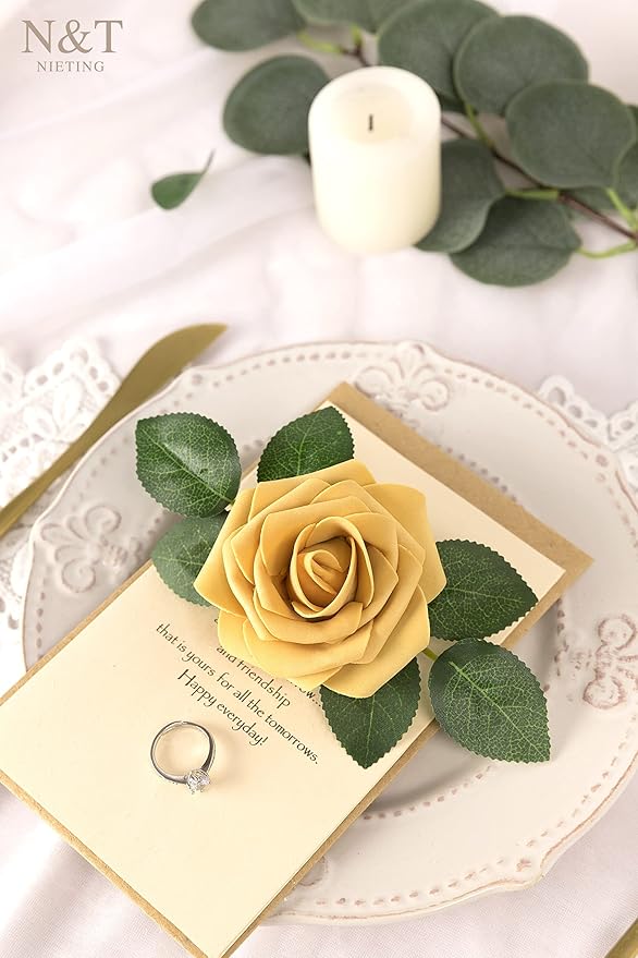 N&T NIETING Artificial Flowers 50pcs Real Looking Gold Yellow Foam Fake Roses with Stems for DIY Wedding Bouquets White Bridal Shower Centerpieces Arrangements Party Tables Decorations