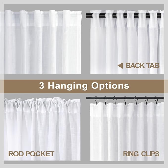 White Linen Curtains 63 Inch Length for Bedroom Pair Back Tab Pocket Simple Linen Panels Cotton Canvas Look Semi Translucent Boho Sheer Curtains for Living Room Dining Cabin Cottage Snow Pure White