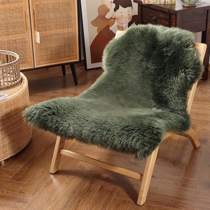 Premium Genuine Fur Sheepskin Rug Real Australia Sheepskin Natural Luxury Fluffy Lambskin Fur Area Rug Seat Covers for Kids Bedroom Sofa Chair Cover (Military Green, Single Pelt/2ft x 3ft)