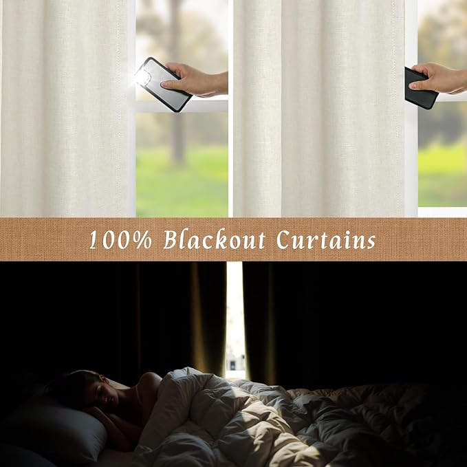 LAMIT 100% Blackout Curtains for Living Room, 95 Inch Linen Textured Thermal Insulated Bedroom Curtains Back Tab and Rod Pocket Farmhouse Neutral Panels with White Liner, 2 Panels, 52 x 95 Inch, Ivory