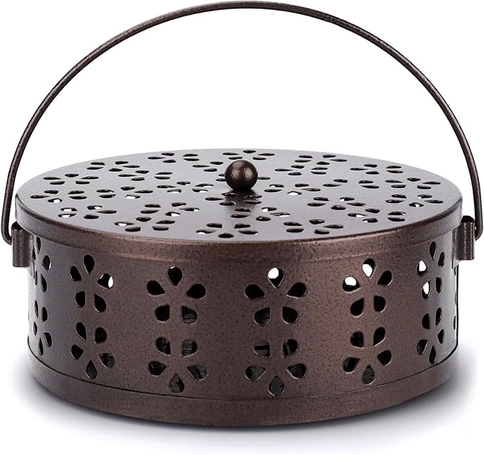 Portable Mosquito Coil Holder with Handle Round Heat-Resistant Iron Incense Coil Holder (Bronze)