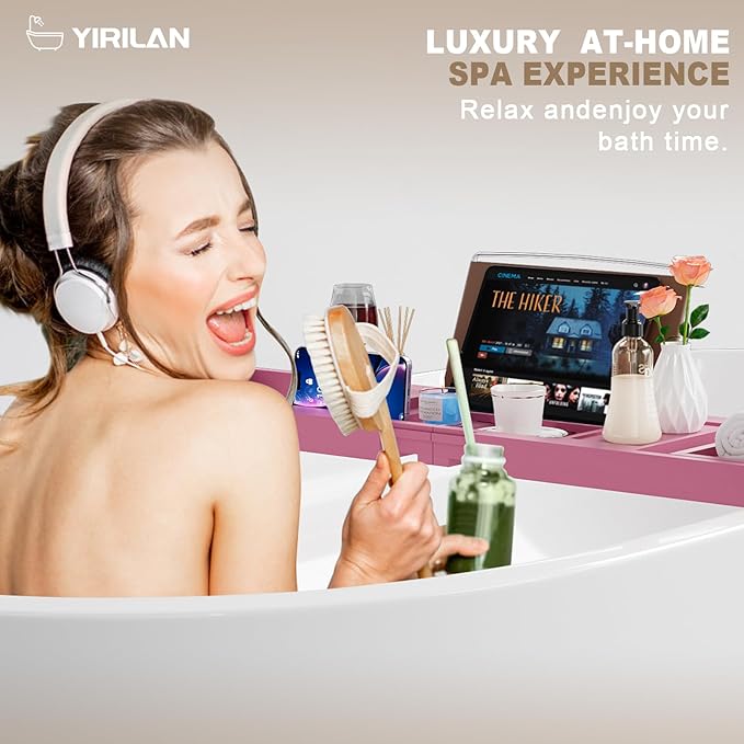 Yirilan Foldable Bathtub Caddy, Expandable Bath Caddy Tray, Unique House Warming Gifts, New Home, Anniversary and Wedding Gifts for Couple, Pink