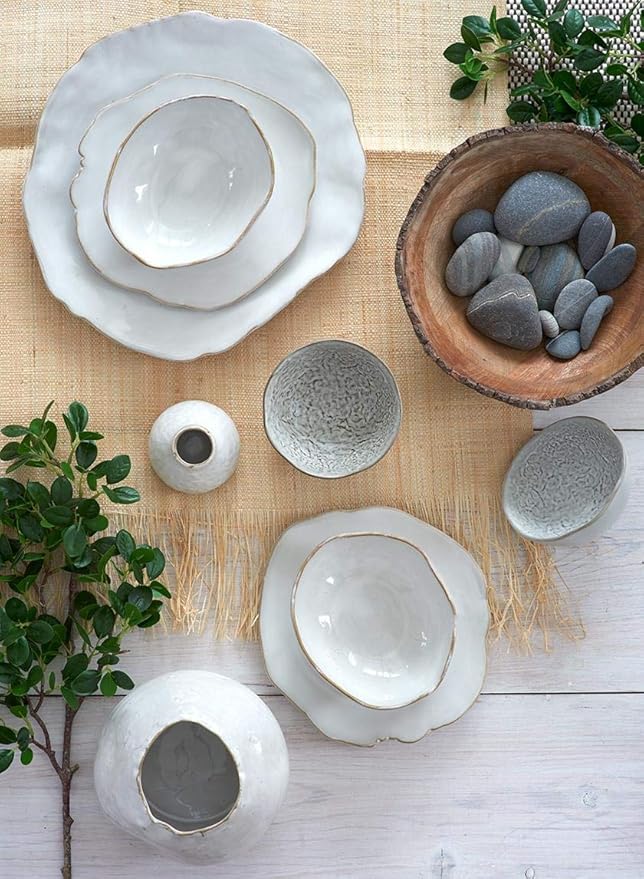 Serene Spaces Living Set of 2 Large Free-Form Edge Glazed Ceramic Plate- Dinnerware for Vintage Weddings, Events, Measures 12" Diameter and 1.5" Tall
