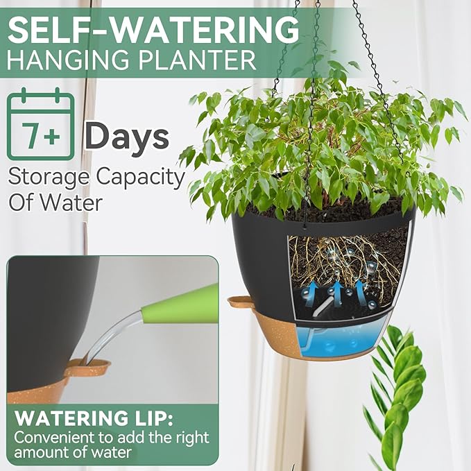 ZMTECH 12 Inch Hanging Planters for Indoor Outdoor Plants, 1 Pack Self Watering Hanging Plant Pots with Drainage Holes and Removable Saucer, Plastic Flower Hanging Pots with Watering Lip (Black)
