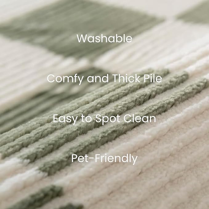 Revival Rugs Gambit 3'x5' Checkered Rug Machine Washable Area Rug for Kitchen Bedroom - 100% Recycled Oeko-TEX Certified, Medium Pile, Green, Beige