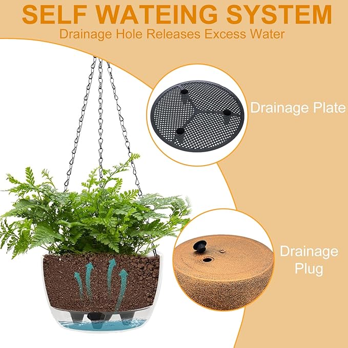 2 Packs Hanging Planters Basket for Outdoor Plants, Solar Powered Self Watering Bronze Round Plastic Flower Pots with Drainer for Balcony Patio Garden Outdoor Decoration