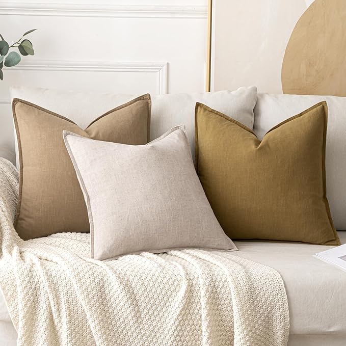 MIULEE Decorative Linen Pillow Covers 16x16 Inch Mustard Yellow Boho Farmhouse Neutral Couch Throw Pillows for Bed Pack of 2 Accent Modern Pillowcase Summer Sofa Livingroom Home Decor