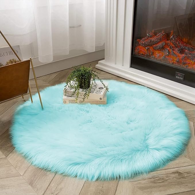 Latepis Blue Fur Circle Round Rugs 4ft Faux Sheepskin Rug Washable Fluffy Bedroom Rug Soft Bedside Boho Rugs Cute Room Décor