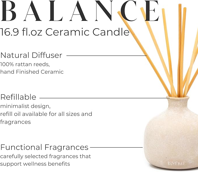 BLUEME Balance-White Lotus & Tea, 16.91 Fl Oz Wellness Diffuser, Contains Essential Oil, Sustainable, Hand Finished, Premium, Luxury Ceramic, Natural Rattan Reeds
