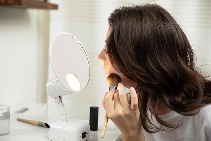 Floxite FL-615-2 15X magnifying mirror with light, Lighted travel makeup mirror with light and magnification, Round, LED, Tabletop, Portable vanity mirror for desk bathroom, electric plug in, personal