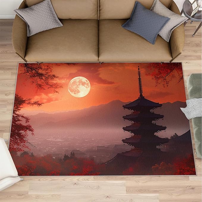 Japanese Style Area Rug 5x8 Washable Rug Red Maple Leaves Rugs for Living Room Sunset Scene Non Slip Carpet Floral Print Mat Bedroom Bathroom