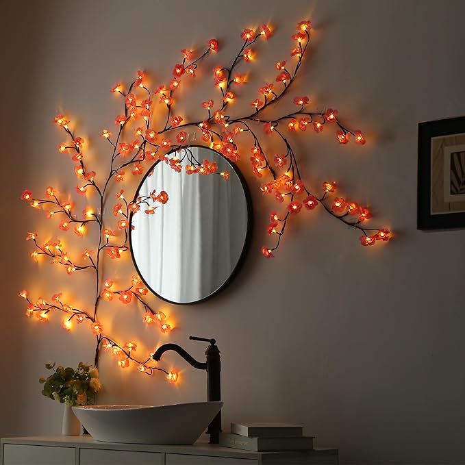 Cherry Blossom Lights with Remote, 7.5 Ft 144 Flowers Enchanted Willow Vine Lights, 18 Branches 144 LEDs Lighted Willow Vine Tree Lights for Walls Bedroom Home Room Decor, Brown Branch
