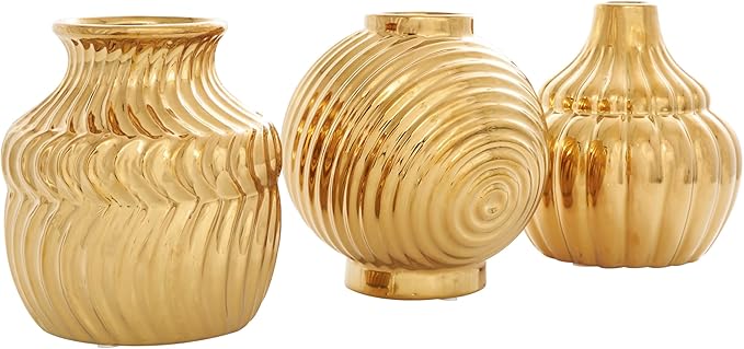 Deco 79 Ceramic Abstract Decorative Vase Small Textured Centerpiece Vases with Varying Shapes and Patterns, Set of 3 Flower Vases for Home Decoration 5" W, 6" H, Gold