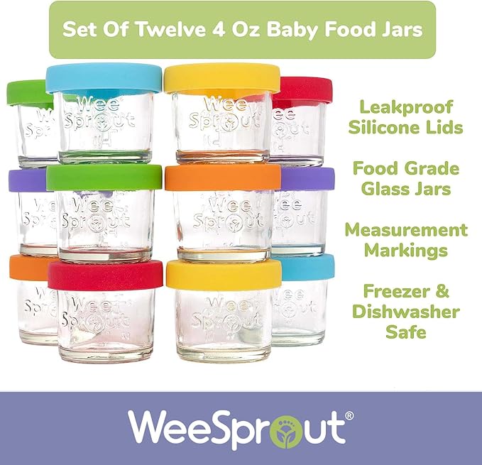 WeeSprout Glass Baby Food Storage Jars w/Lids (4 oz, 12 Pack Set) Snack, Puree, Reusable Small Containers, Breast Milk, Fridge or Freezer, Microwave & Dishwasher Safe, Essential Must Have for Infants