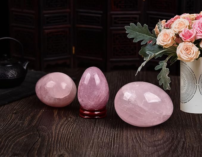 AMOYSTONE Decorative Rose Quartz Egg Sphere Carved with Base Healing Crystal Home Decors Easter Egg Height 2.3-2.5"