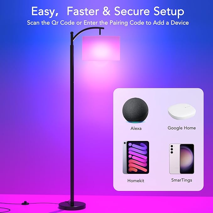 Floor Lamps with Matter Smart Light Bulb, RGB + Color Temperatures Bright Dimmable Smart Floor lamp, Living Room Standing Tall Industrial Floor Lamp (Beige Lampshade Included) -Black