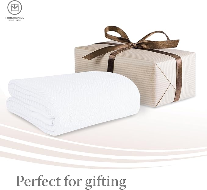 Threadmill Luxury Cotton Blankets for Twin Size Bed | All-Season 100% Cotton Twin Blanket for Bed | Herringbone Soft & Cozy Fall Thermal Blanket, 350GSM, 68x92 inches | White