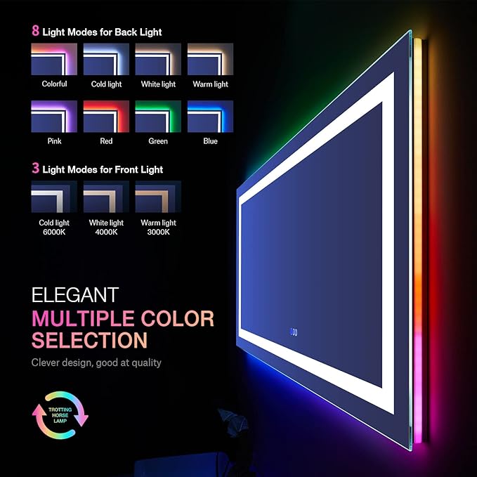 LOAAO 55X30 Inch RGB LED Bathroom Mirror with Lights, Anti-Fog, Dimmable Lighted Bathroom Vanity Mirror, Colorful Multiple Light Modes, RGB Backlit + Front Light, Memory Function