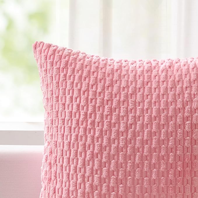 Kevin Textile Valentines Day Decorative Pillow Covers Set of 2 Striped Plush Corduroy Pillows Pillowcases Boho Home Decor Cushion Covers for Couch Sofa Bed Living Room 26x26 Inch, Pink