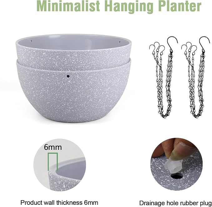 12 inch Large Hanging Planters for Indoor Outdoor Plants, 2 Pack Hanging Flower Pots with Drainage Holes and Chain for Garden Porch, Plastic Hanging Baskets for House Plants, Speckled Grey