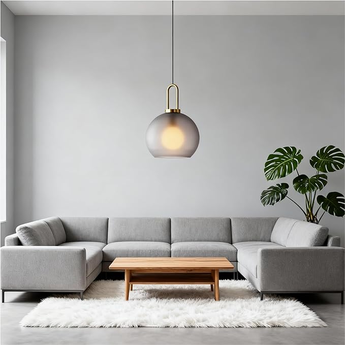 300mm Frosted Grey Spherical Glass Pendant Light, Frosted Grey Glass Globe with Brass Socket Hanging Lamp for Kitchen Island (30CM)