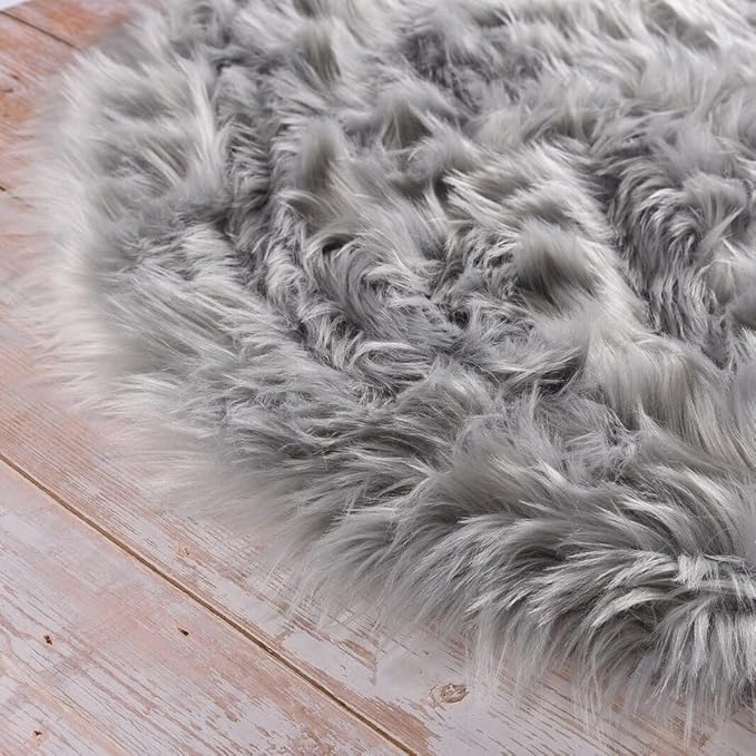 Round Rugs 6ft Silver Grey Fuzzy Faux Sheepskin Washable Furry Fur Area Rugs for Bedroom Large Boho Circle Nursery Rug