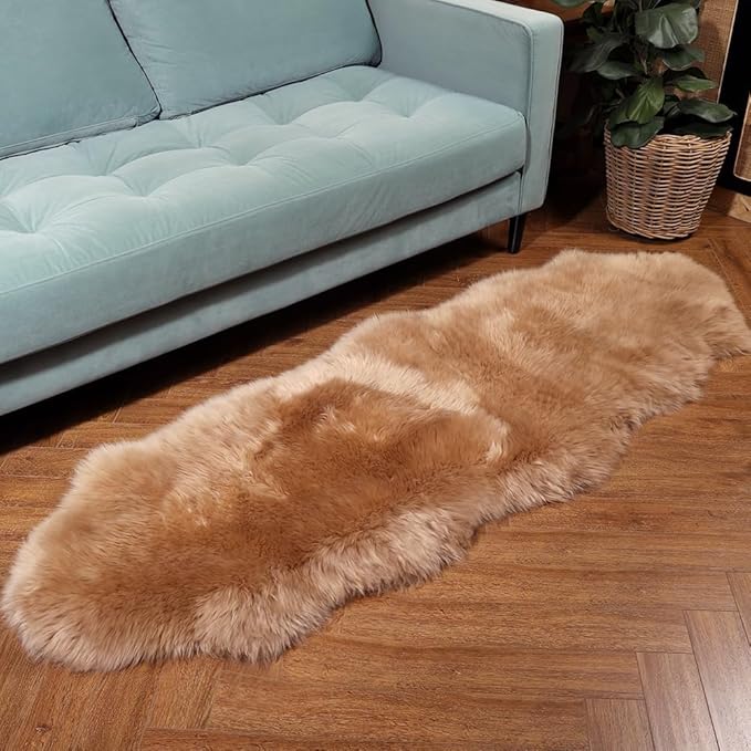 Premium Genuine Fur Sheepskin Rug Real Australia Sheepskin Natural Luxury Fluffy Lambskin Fur Area Rug Seat Covers for Kids Bedroom Sofa Chair Cover (Light Brown, Double Pelt/2ft x 6ft)