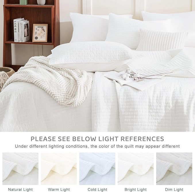 Sanracie Stonewashed Oversized King Bedspread(128"x120"), Cotton Milk White Extra Large Wide Oversized Quilt Coverlet Cross Stitch Soft Lightweight 3Pcs Crinkle Bed Coverlet Set