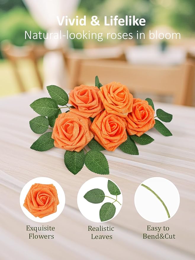 N&T NIETING Artificial Roses Flowers, Fake Glitter Flowers Burnt Orange Roses Perfect for DIY Wedding Bridal Bouquets Centerpieces Bridal Shower Party Home Flower Arrangement Decorations, 25Pcs