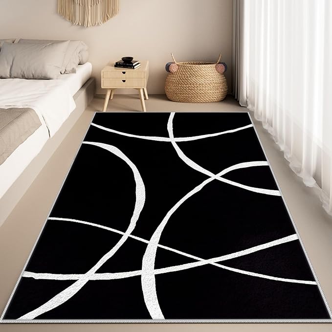 Black and White Rugs, Abstract Rug, Modern Minimalist Rug, Curved Line Design Carpet, Black and White Abstract Rugs Washable Non Slip Home Decor 7x10