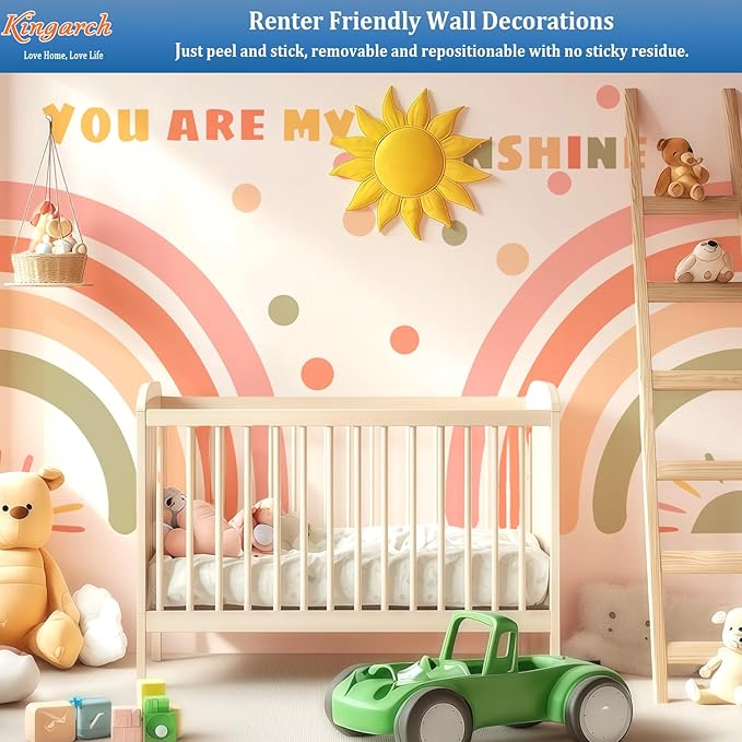 Large Rainbow Wall Decals, Sun Dots Peel and Stick Fabric Nursery Wall Decor, Removable Home Room Wall Decor Murals Stickers for Kids Girls Toddler Bedroom Living Room Playroom