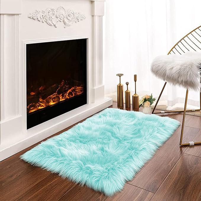 Latepis Light Blue Small Fluffy Rugs 2x3 Teal Faux Sheepskin Fur Rug for Bedroom Cute Throw Plush Rug for Cushion Chair Furry Rugs for Home Décor